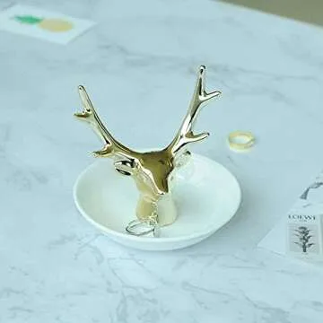 MOSSTYUS Jewelry Tray, Gold Ceramic Decorative Deer, Ring Dish Holder, Jewelry Organizer, Home Gifts for Women