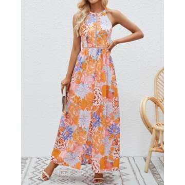 ZESICA Women's Summer Halter Neck Floral Print Backless Split Beach Party Maxi Dress,Tangerine,Small