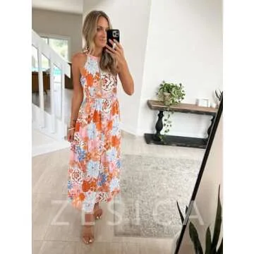 ZESICA Women's Summer Halter Neck Floral Print Backless Split Beach Party Maxi Dress,Tangerine,Small