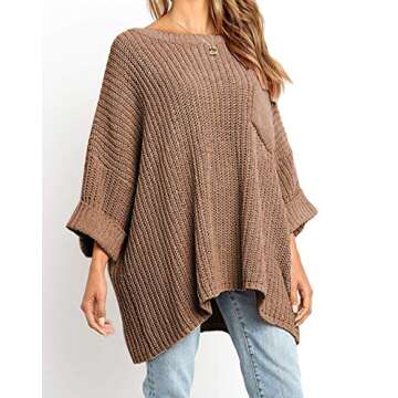 KIRUNDO Women’s Winter Long Knitted Sweater Dress Off Shoulder 3/4 Sleeves Oversized Loose Solid Color Pullover