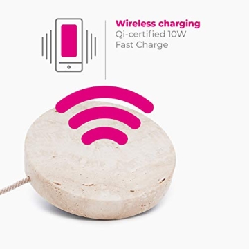 Eggtronic Wireless Charging Stone - Beautiful Wireless Charger, Qi Certified 10W High Speed Charger with Built-in Durable Braided Cable - Travertine