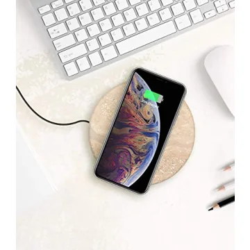 Eggtronic Wireless Charging Stone - Beautiful Wireless Charger, Qi Certified 10W High Speed Charger with Built-in Durable Braided Cable - Travertine