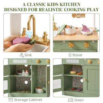 ROBUD Wooden Play Kitchen Set for Kids, Pretend Play Kitchen Toy Set with Golden Faucet, Sink, Oven, Stove, Cabinet, Vintage Style, Gift for Boys & Girls Ages 3+ (Green)