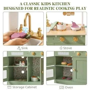 ROBUD Wooden Play Kitchen Set for Kids, Pretend Play Kitchen Toy Set with Golden Faucet, Sink, Oven, Stove, Cabinet, Vintage Style, Gift for Boys & Girls Ages 3+ (Green)