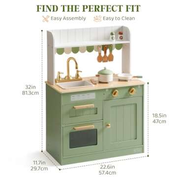 ROBUD Wooden Play Kitchen Set for Kids, Pretend Play Kitchen Toy Set with Golden Faucet, Sink, Oven, Stove, Cabinet, Vintage Style, Gift for Boys & Girls Ages 3+ (Green)