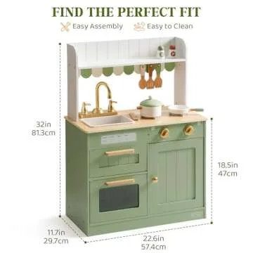 ROBUD Wooden Play Kitchen Set for Kids, Pretend Play Kitchen Toy Set with Golden Faucet, Sink, Oven, Stove, Cabinet, Vintage Style, Gift for Boys & Girls Ages 3+ (Green)