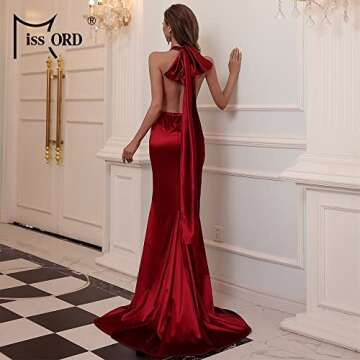 Miss ord Women's Satin V Neck Bodycon Evening Gown Red