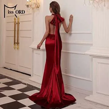 Miss ord Women's Satin V Neck Bodycon Evening Gown Red