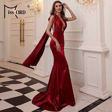Miss ord Women's Satin V Neck Bodycon Evening Gown Red