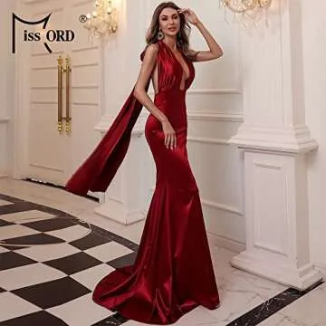 Miss ord Women's Satin V Neck Bodycon Evening Gown Red