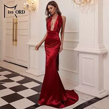 Miss ord Women's Satin V Neck Bodycon Evening Gown Red