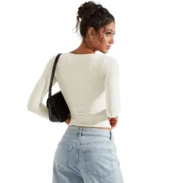 SUUKSESS Women Double Lined V Neck Going Out Crop Long Sleeve Tank Top Casual Fitted Slim Trendy Cute Basic Y2k Outfit Tops Shirts Fall Winter 2024(White,S)