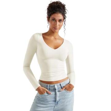 SUUKSESS Women Double Lined V Neck Going Out Crop Long Sleeve Tank Top Casual Fitted Slim Trendy Cute Basic Y2k Outfit Tops Shirts Fall Winter 2024(White,S)