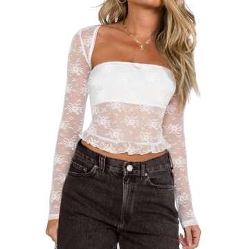 CSDAJIO Women's Going Out Tops Lace Long Sleeve Square Neck Crop Top Shirt Strapless Tube Top and Bolero Set Ruffle Semi White Small