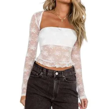 CSDAJIO Women's Going Out Tops Lace Long Sleeve Square Neck Crop Top Shirt Strapless Tube Top and Bolero Set Ruffle Semi White Small