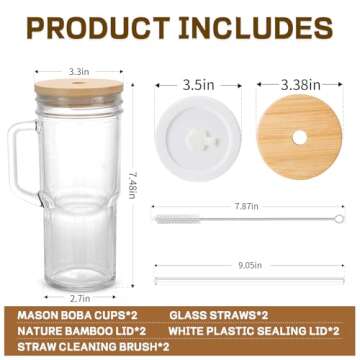 24oz Mason Jar Glass Cups with Lids & Straws Set