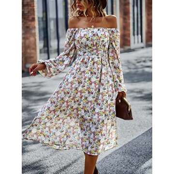 Women's Evening Night Dresses Floral Long Sleeve Square Neck Off Shoulder Smocked Maxi Dress Apricot S