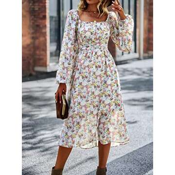 Women's Evening Night Dresses Floral Long Sleeve Square Neck Off Shoulder Smocked Maxi Dress Apricot S