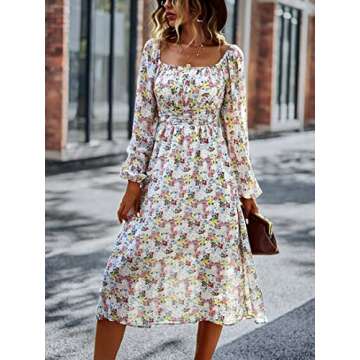 Women's Evening Night Dresses Floral Long Sleeve Square Neck Off Shoulder Smocked Maxi Dress Apricot S