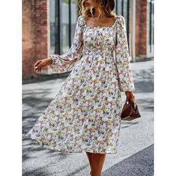 Women's Evening Night Dresses Floral Long Sleeve Square Neck Off Shoulder Smocked Maxi Dress Apricot S