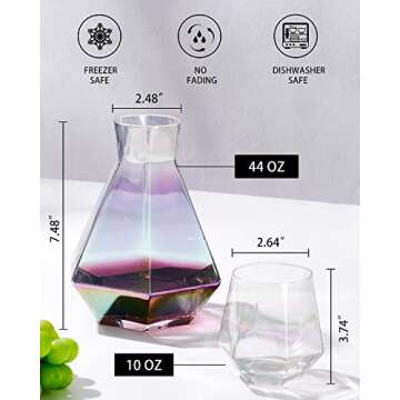 JBHO Iridescent Wine Decanter Set with Glasses, Stemless Wine Glasses Set of 4, 10 Oz, Cute and Rainbow, Crystal Wine Carafe, Serving Red and White Wine, Unique Wedding Anniversary or Birthday Gift