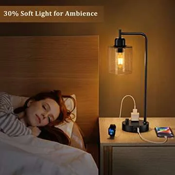 Industrial Bedside Table Lamp for Bedroom - Nightstand Lamps with USB C Charging Port, Fully Dimmable Black Ports and Outlets, Small Desk Glass Shade Office Living Room