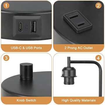 Industrial Bedside Table Lamp for Bedroom - Nightstand Lamps with USB C Charging Port, Fully Dimmable Black Ports and Outlets, Small Desk Glass Shade Office Living Room