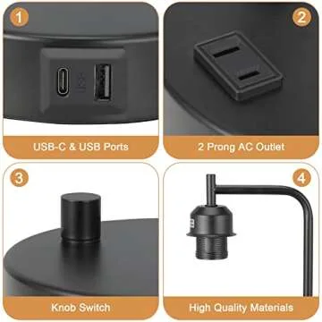 Industrial Bedside Table Lamp for Bedroom - Nightstand Lamps with USB C Charging Port, Fully Dimmable Black Ports and Outlets, Small Desk Glass Shade Office Living Room