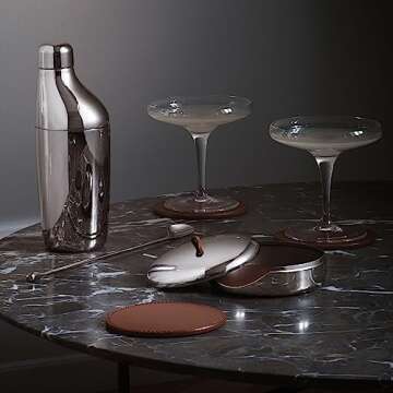 Georg Jensen SKY Collection Coaster Set, Set of 4 Leather Coasters in Stainless Steel Case