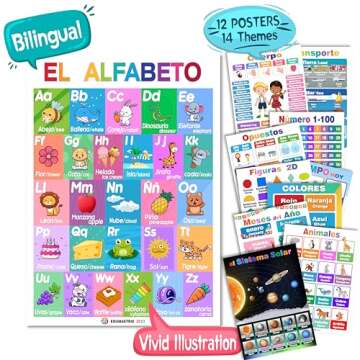 12 Spanish English Bilingual Educational Posters Water Proof Learning Chart for Preschool, Kindergar...