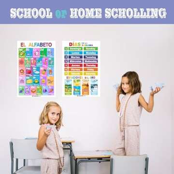 12 Spanish English Bilingual Educational Posters Water Proof Learning Chart for Preschool, Kindergarten, 1st Grade, Classroom Decoration, Alpabet, Alfabeto, Numbers, Seasons, Colors, Month of the