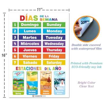12 Spanish English Bilingual Educational Posters Water Proof Learning Chart for Preschool, Kindergarten, 1st Grade, Classroom Decoration, Alpabet, Alfabeto, Numbers, Seasons, Colors, Month of the