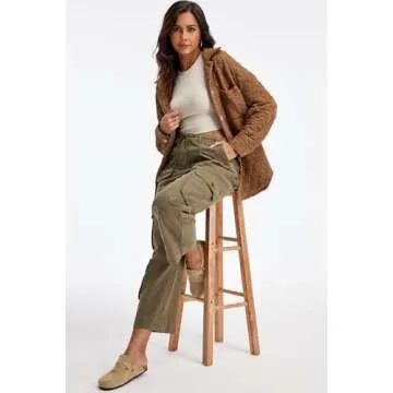 GREAIDEA Cargo Pants for Women Low Rise Drawstring Waist 7 Pockets Hiking Work Wide Leg Pants with Zipper Button Closure Olive Green