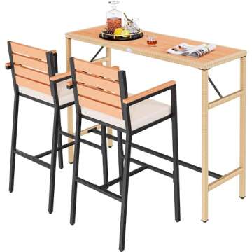 YITAHOME 3-Piece Outdoor Patio Bar Table Set, Outdoor Wicker Patio Bar Height Bistro Furniture Set w...