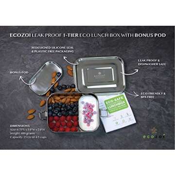 ecozoi Stainless Steel Lunch Box, Leak Proof 1 Tier Eco Metal Bento Box | Bonus Pod And Redesigned S...