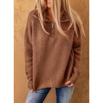 Dokotoo Oversized Quarter Zip Pullover Sweaters for Women Cute Waffle Knit Oversized Fall Winter Outfits Jumpers TopFashion V Neck Long Sleeve Warm Cozy Polo Ladies Brown Sweater X-Large