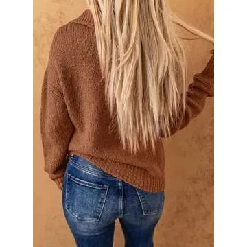 Dokotoo Oversized Quarter Zip Pullover Sweaters for Women Cute Waffle Knit Oversized Fall Winter Outfits Jumpers TopFashion V Neck Long Sleeve Warm Cozy Polo Ladies Brown Sweater X-Large