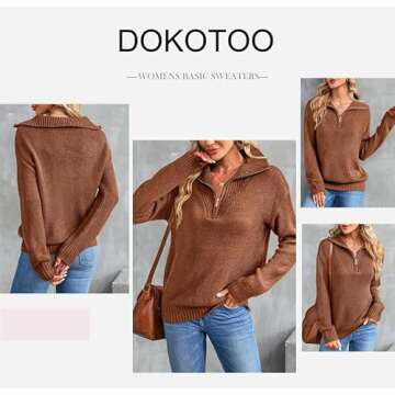 Dokotoo Oversized Quarter Zip Pullover Sweaters for Women Cute Waffle Knit Oversized Fall Winter Outfits Jumpers TopFashion V Neck Long Sleeve Warm Cozy Polo Ladies Brown Sweater X-Large