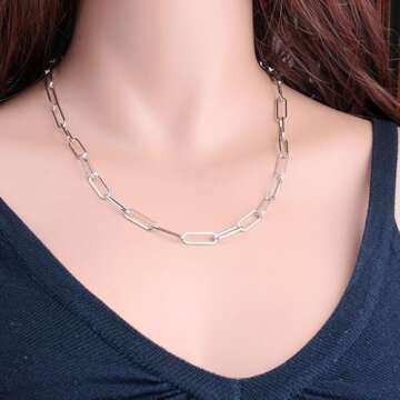 PICKBEAU 18K Plated Paperclip Chain Necklace for Women 3.0MM Silver Chain Necklace, Link Chain Necklaces for Women Men Unisex Multiple Size-18inch