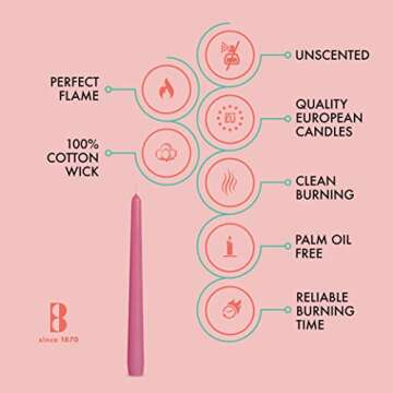 BOLSIUS 10 Inch Pink Taper Candles - 8 Hours Burn Time - Premium European Quality - 10 Pack Unscented Smokeless & Dripless Household Taper Candlesticks - Perfect for Church, Party, and Everyday Use
