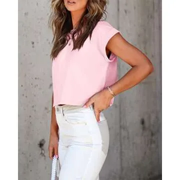 Tankaneo Womens Short Sleeve Cropped T-Shirts Summer Rolled Dolman Sleeve Crop Tops Casual Round Neck Solid Short Basic Tees