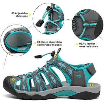 Dannto Women's Sport Hiking Sandals Closed Toe Outdoor Athletic Walking Sandal Lightweight Summer Water Shoes Grey Size 8.5
