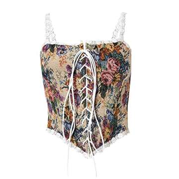 Women Vintage Floral Print Vest Sexy Bodycon Boat Neck Jacquard Camisole Flounce Irregular Suspender Corset (Colorful, Small)