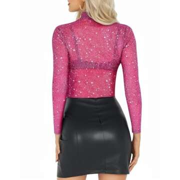 MANGOPOP Glitter Sheer Mesh Top Women Long Sleeve Sexy Shirt See Through Clubwear Tee Slim Blouse