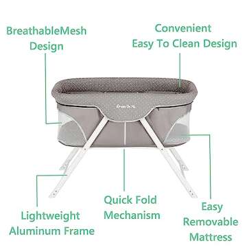 Dream On Me Traveler Portable Bassinet In Grey, Lightweight And Breathable Mesh Design, Easy To Clean And Fold Baby Bassinet - Carry Bag Included