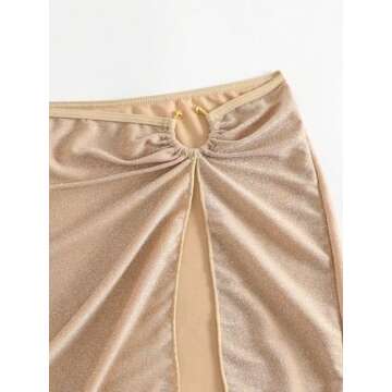OYOANGLE Women's Ring Linked Split Thigh Cover Up Skirt Beach Skirts Swimsuit Bottom Beige L