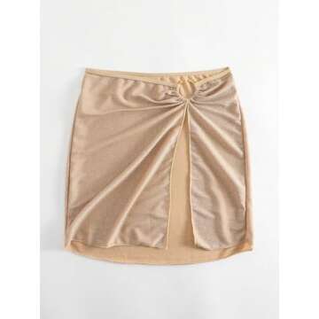 OYOANGLE Women's Ring Linked Split Thigh Cover Up Skirt Beach Skirts Swimsuit Bottom Beige L