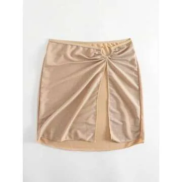 OYOANGLE Women's Ring Linked Split Thigh Cover Up Skirt Beach Skirts Swimsuit Bottom Beige L