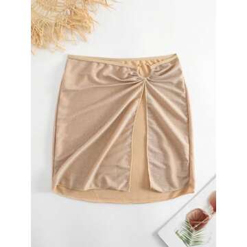 OYOANGLE Women's Ring Linked Split Thigh Cover Up Skirt Beach Skirts Swimsuit Bottom Beige L