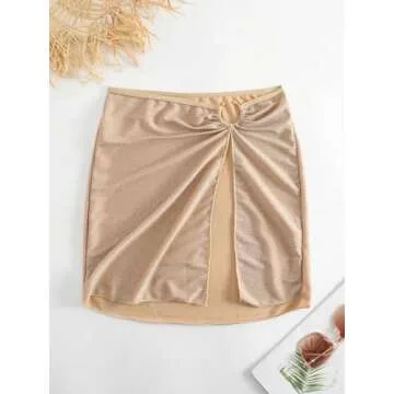 OYOANGLE Women's Ring Linked Split Thigh Cover Up Skirt Beach Skirts Swimsuit Bottom Beige L